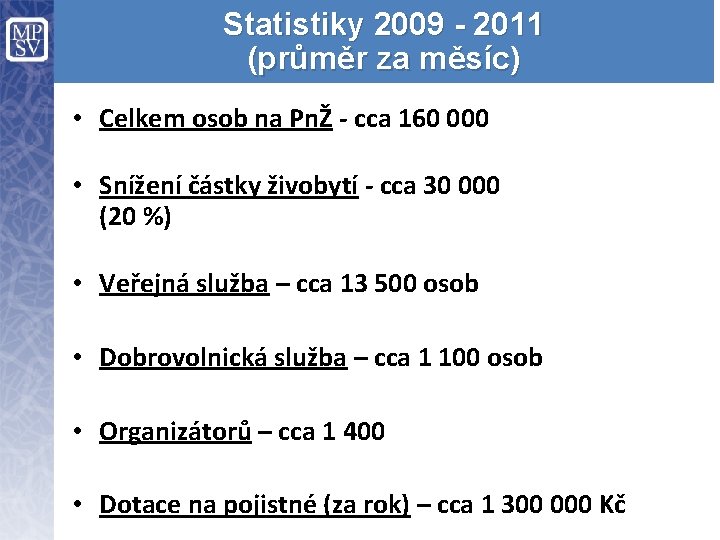 Statistiky 2009 - 2011 (průměr za měsíc) • Celkem osob na PnŽ - cca