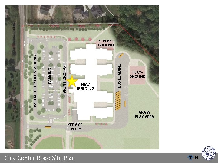 NEW BUILDING BUS LOADING PARENT DROP-OFF PARKING PARENT DROP-OFF STACKING K. PLAYGROUND GRASS PLAY