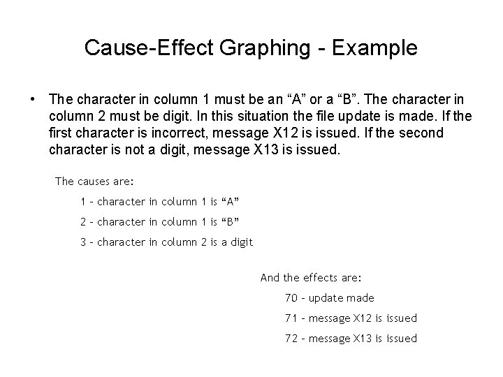 Cause-Effect Graphing - Example • The character in column 1 must be an “A”