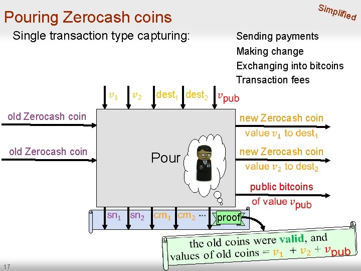 Simp lified Pouring Zerocash coins Single transaction type capturing: dest 1 dest 2 old