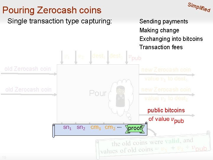 Simp lified Pouring Zerocash coins Single transaction type capturing: dest 1 dest 2 old