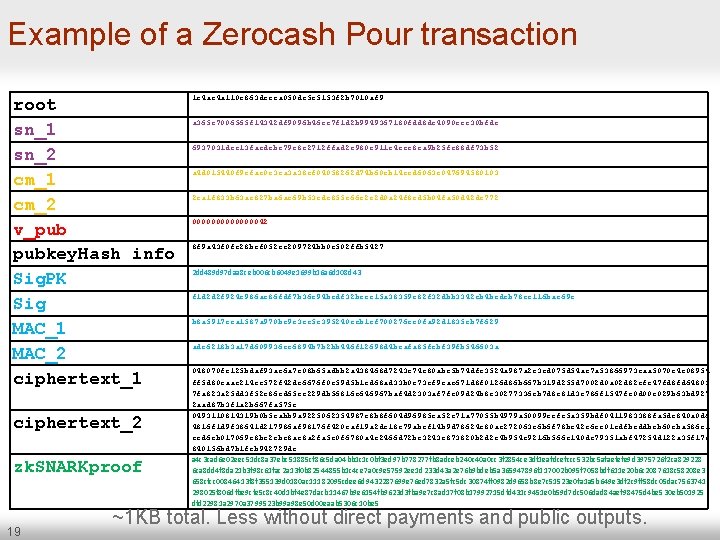 Example of a Zerocash Pour transaction root sn_1 sn_2 cm_1 cm_2 v_pub pubkey. Hash
