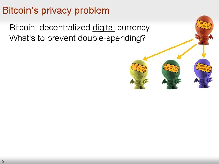 Bitcoin’s privacy problem 0110 1010 010010 1011 00 Bitcoin: decentralized digital currency. What’s to