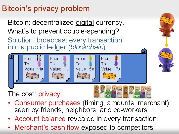 Bitcoin’s privacy problem Bitcoin: decentralized digital currency. What’s to prevent double-spending? Solution: broadcast every