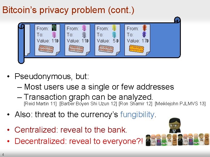 Bitcoin’s privacy problem (cont. ) From: To: Value: 11 From: To: Value: 5 From: