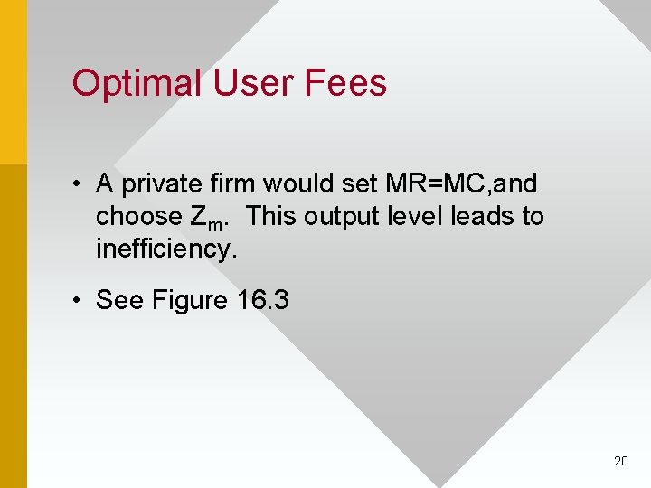 Optimal User Fees • A private firm would set MR=MC, and choose Zm. This