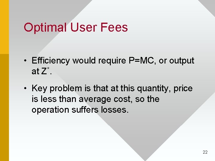 Optimal User Fees • Efficiency would require P=MC, or output at Z*. • Key