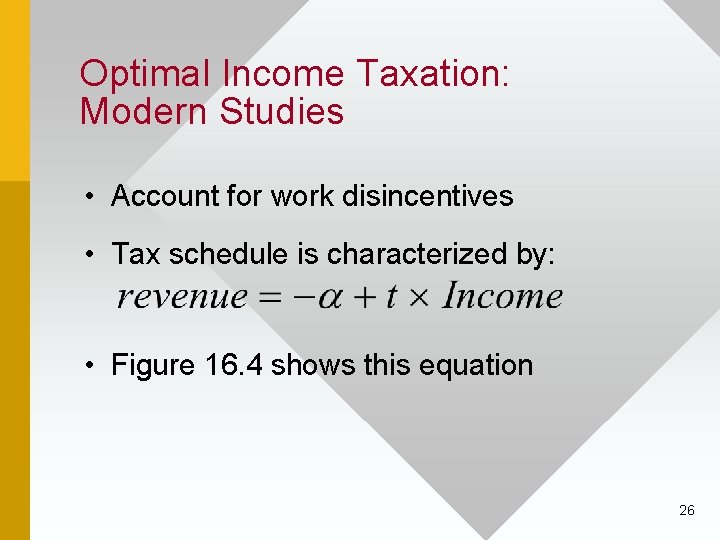 Optimal Income Taxation: Modern Studies • Account for work disincentives • Tax schedule is