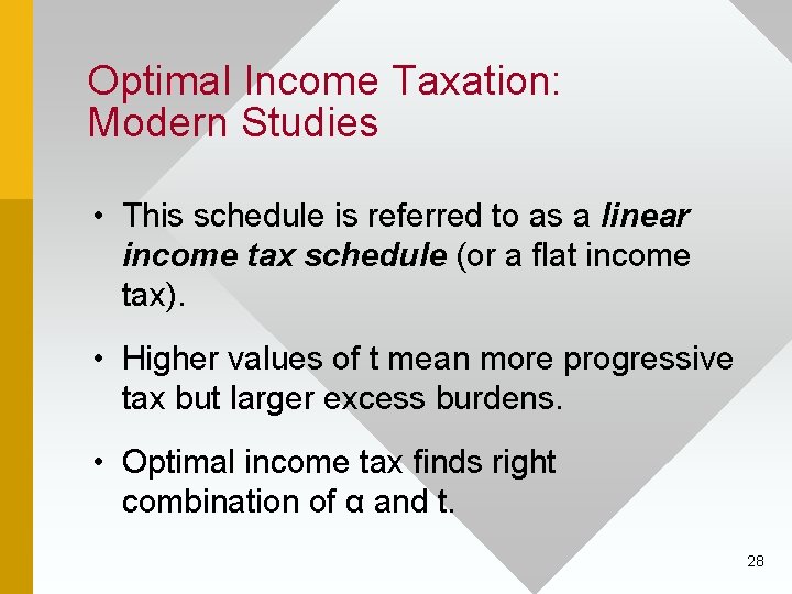 Optimal Income Taxation: Modern Studies • This schedule is referred to as a linear