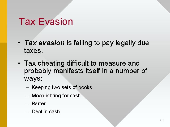 Tax Evasion • Tax evasion is failing to pay legally due taxes. • Tax