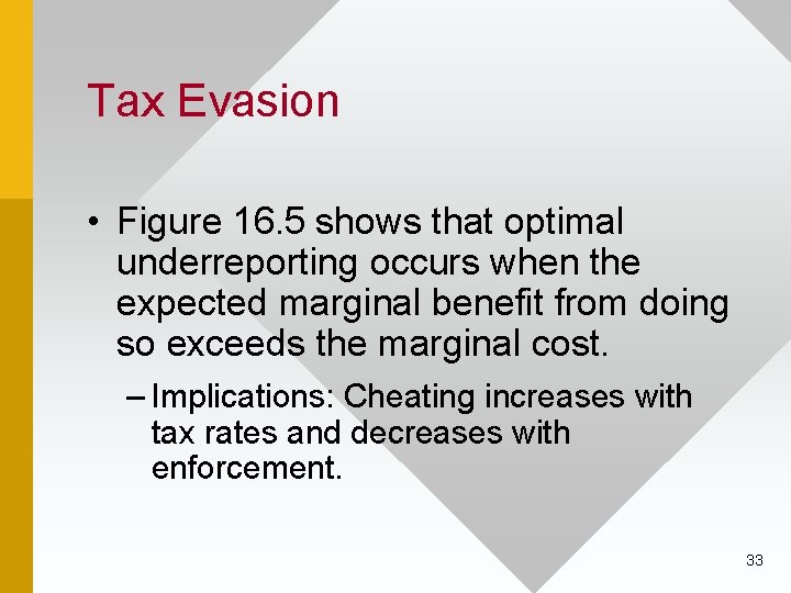 Tax Evasion • Figure 16. 5 shows that optimal underreporting occurs when the expected