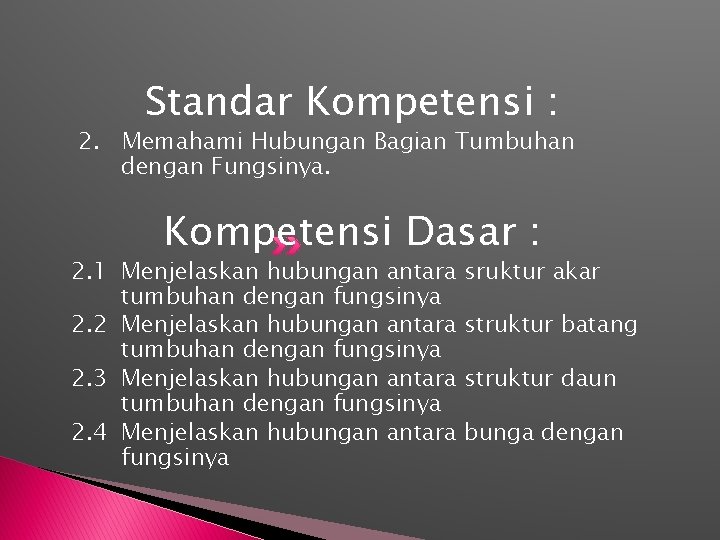 Standar Kompetensi : 2. Memahami Hubungan Bagian Tumbuhan dengan Fungsinya. Kompetensi Dasar : 2.