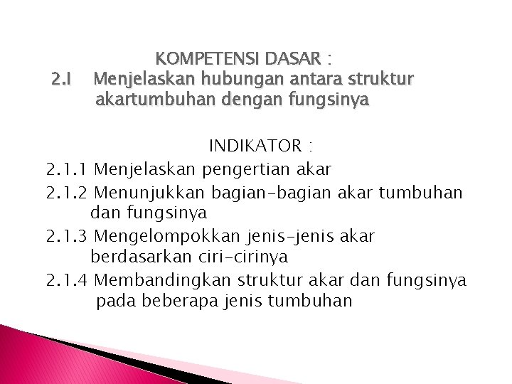 2. I KOMPETENSI DASAR : Menjelaskan hubungan antara struktur akartumbuhan dengan fungsinya INDIKATOR :