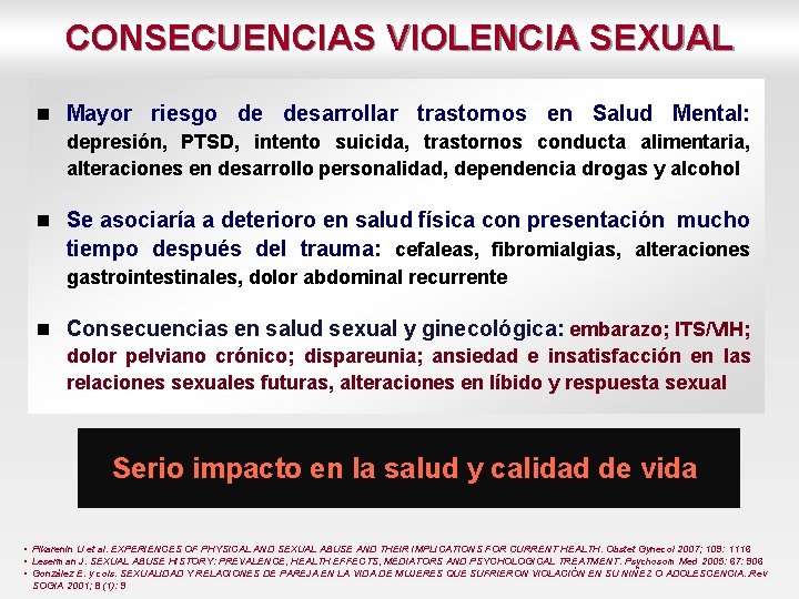 CONSECUENCIAS VIOLENCIA SEXUAL Mayor riesgo de desarrollar trastornos en Salud Mental: depresión, PTSD, intento