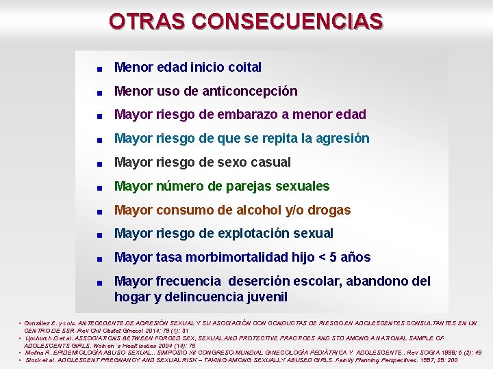 OTRAS CONSECUENCIAS Menor edad inicio coital Menor uso de anticoncepción Mayor riesgo de embarazo