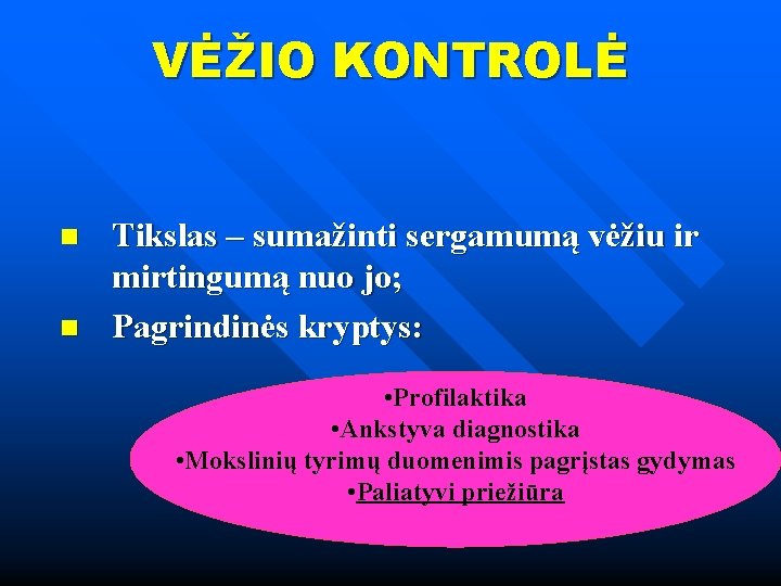 VĖŽIO KONTROLĖ n n Tikslas – sumažinti sergamumą vėžiu ir mirtingumą nuo jo; Pagrindinės