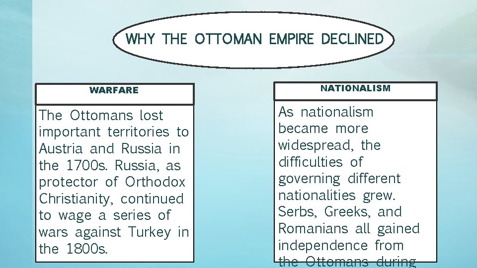 WHY THE OTTOMAN EMPIRE DECLINED WARFARE The Ottomans lost important territories to Austria and