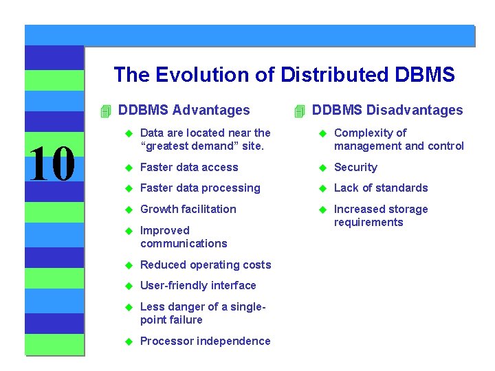 The Evolution of Distributed DBMS 4 DDBMS Advantages 10 4 DDBMS Disadvantages u Data