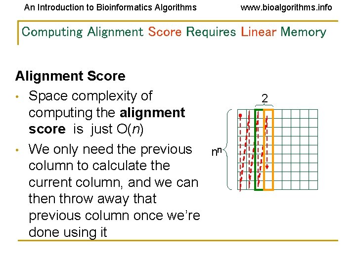 An Introduction to Bioinformatics Algorithms www. bioalgorithms. info Computing Alignment Score Requires Linear Memory