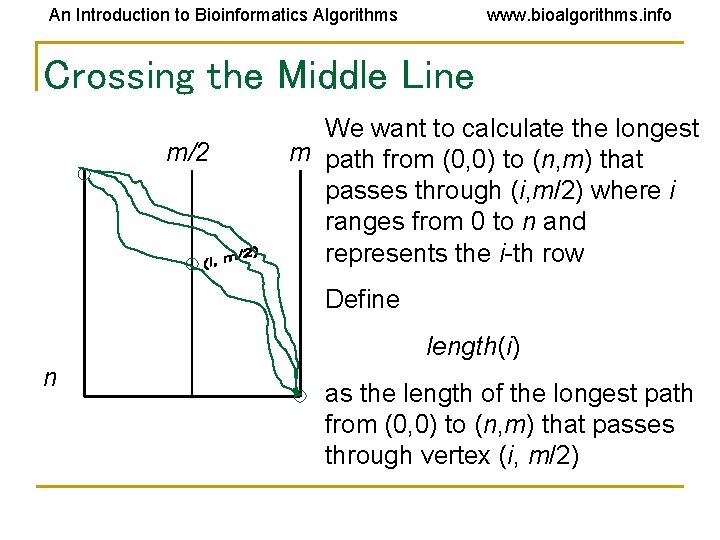 An Introduction to Bioinformatics Algorithms www. bioalgorithms. info Crossing the Middle Line m/2 We