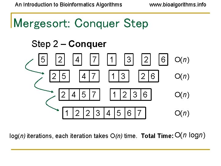 An Introduction to Bioinformatics Algorithms www. bioalgorithms. info Mergesort: Conquer Step 2 – Conquer
