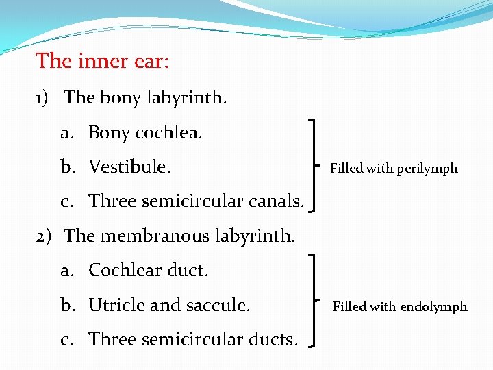 The inner ear: 1) The bony labyrinth. a. Bony cochlea. b. Vestibule. Filled with