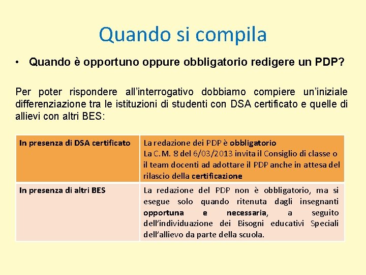 Quando si compila • Quando è opportuno oppure obbligatorio redigere un PDP? Per poter