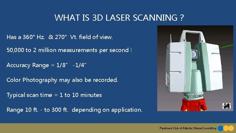 WHAT IS 3 D LASER SCANNING ? Has a 360° Hz. & 270° Vt.