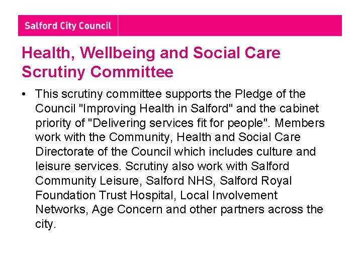 Health Wellbeing and Social Care Scrutiny Committee Introduction