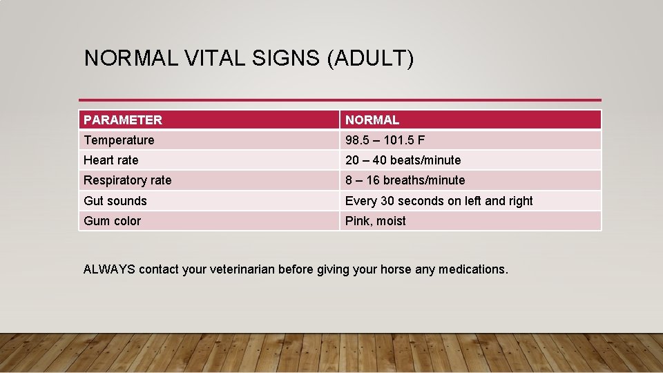 NORMAL VITAL SIGNS (ADULT) PARAMETER NORMAL Temperature 98. 5 – 101. 5 F Heart