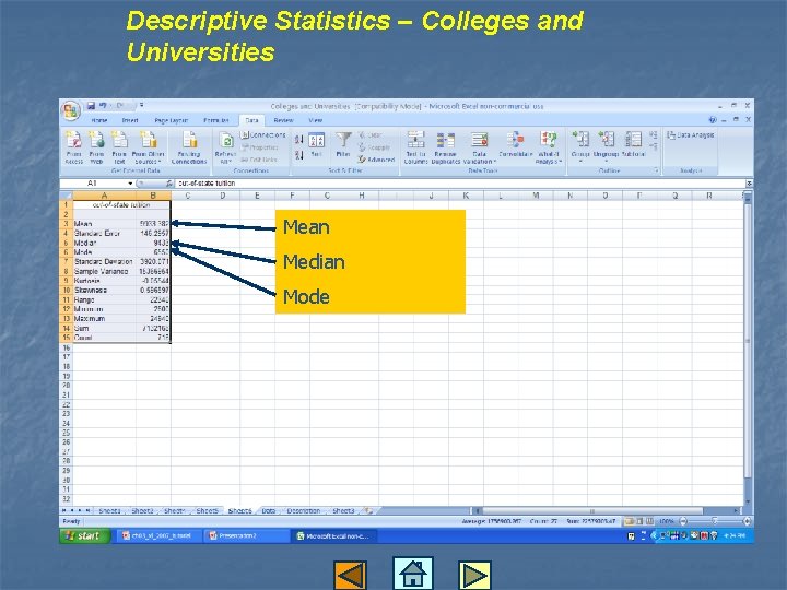 Descriptive Statistics – Colleges and Universities Mean Median Mode 