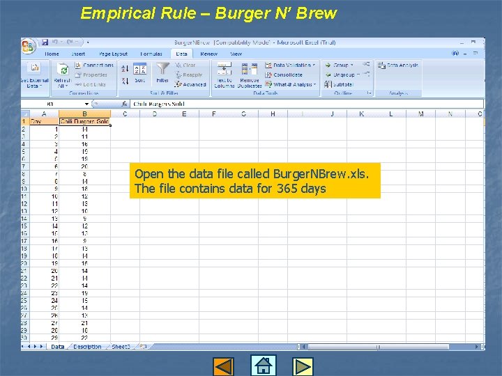 Empirical Rule – Burger N’ Brew Open the data file called Burger. NBrew. xls.