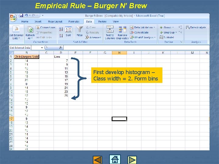 Empirical Rule – Burger N’ Brew First develop histogram – Class width = 2.