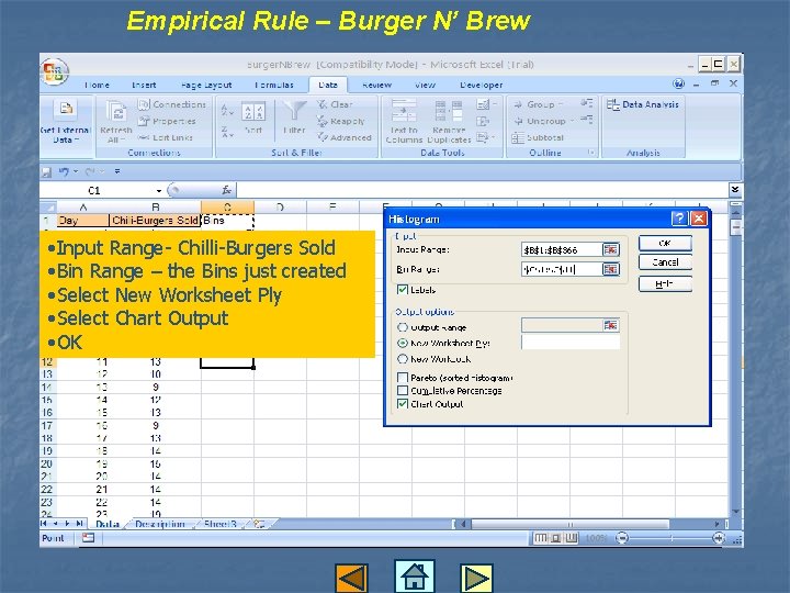 Empirical Rule – Burger N’ Brew • Input Range- Chilli-Burgers Sold • Bin Range