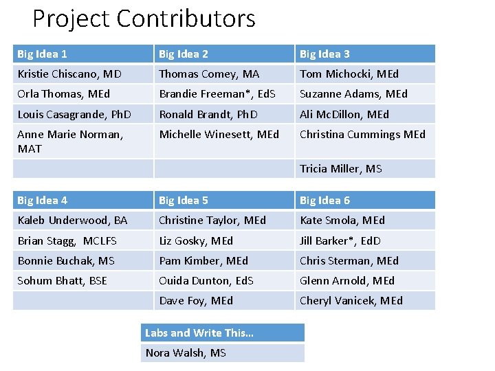 Project Contributors Big Idea 1 Big Idea 2 Big Idea 3 Kristie Chiscano, MD