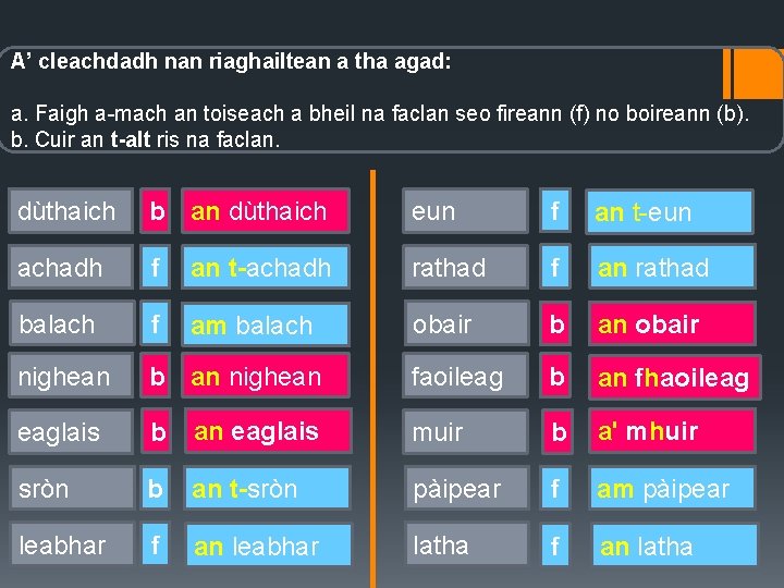 A’ cleachdadh nan riaghailtean a tha agad: a. Faigh a-mach an toiseach a bheil