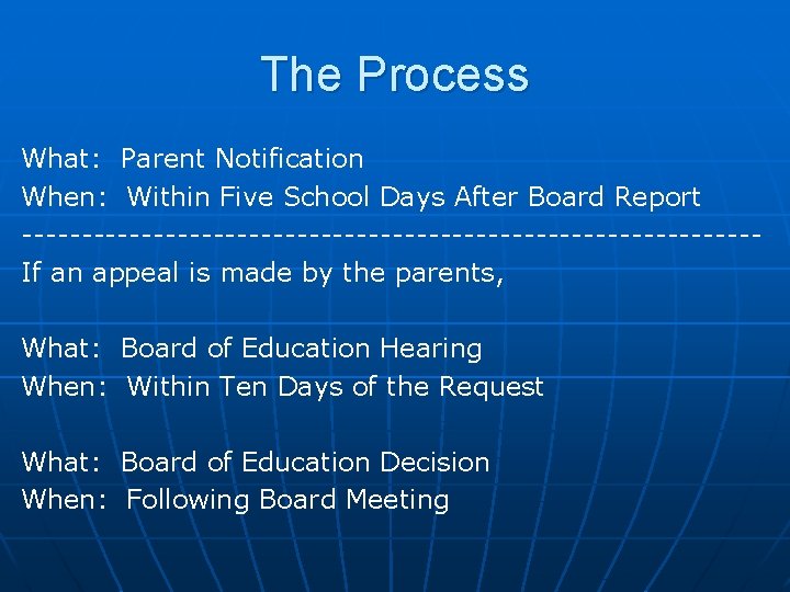 The Process What: Parent Notification When: Within Five School Days After Board Report -------------------------------If