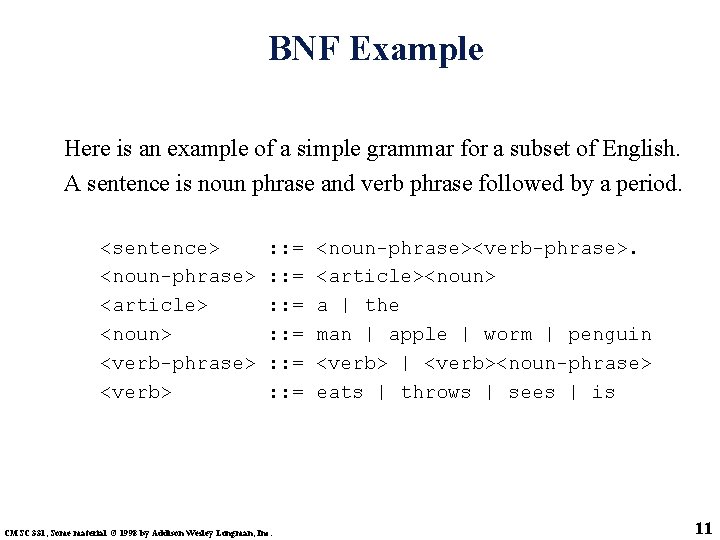 BNF Example Here is an example of a simple grammar for a subset of