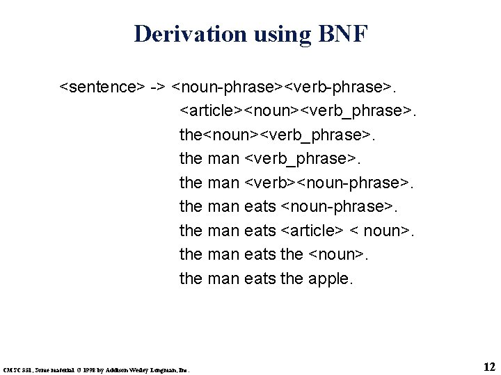 Derivation using BNF <sentence> -> <noun-phrase><verb-phrase>. <article><noun><verb_phrase>. the man <verb><noun-phrase>. the man eats <article>