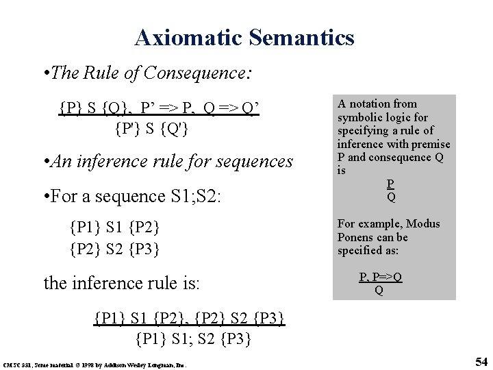 Axiomatic Semantics • The Rule of Consequence: {P} S {Q}, P’ => P, Q