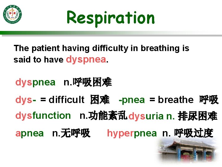 Respiration The patient having difficulty in breathing is said to have dyspnea n. 呼吸困难