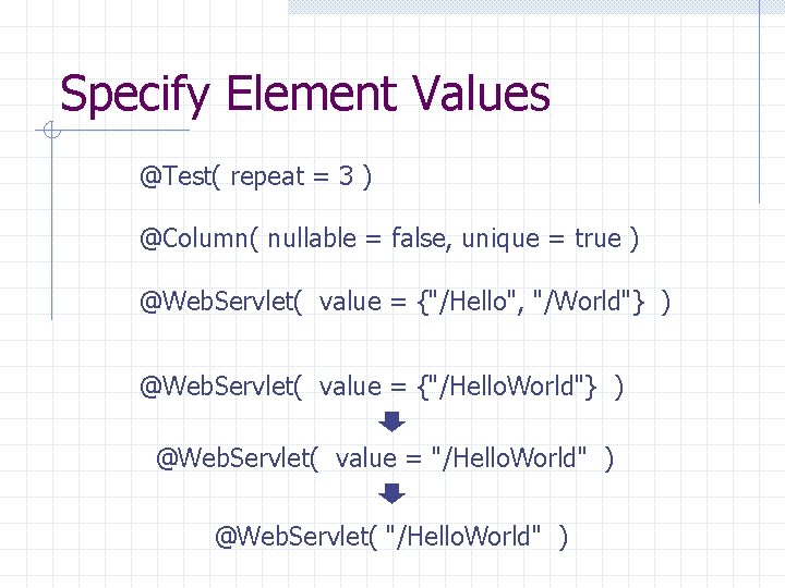 Specify Element Values @Test( repeat = 3 ) @Column( nullable = false, unique =