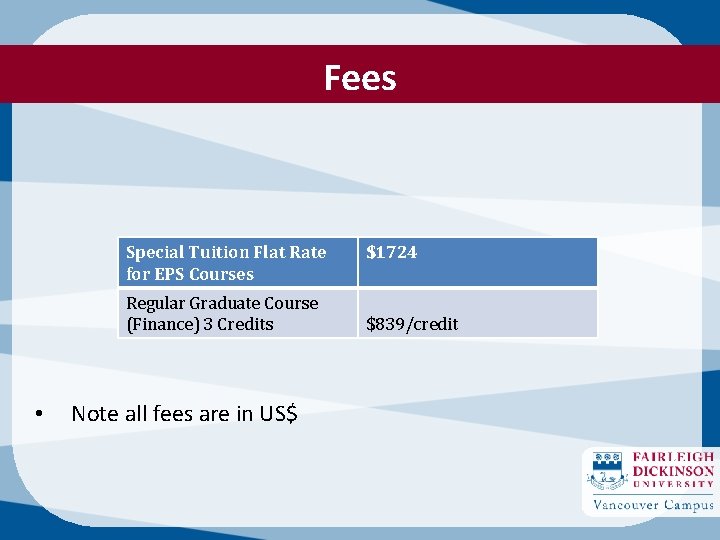 Fees Special Tuition Flat Rate for EPS Courses Regular Graduate Course (Finance) 3 Credits