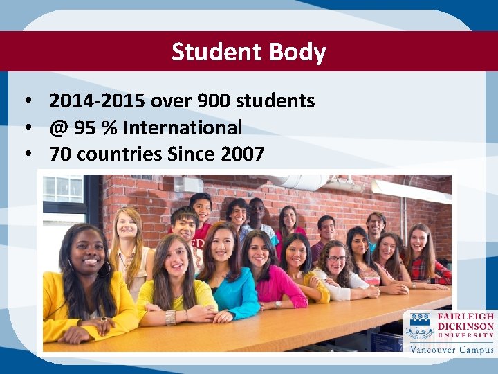 Student Body • 2014 -2015 over 900 students • @ 95 % International •