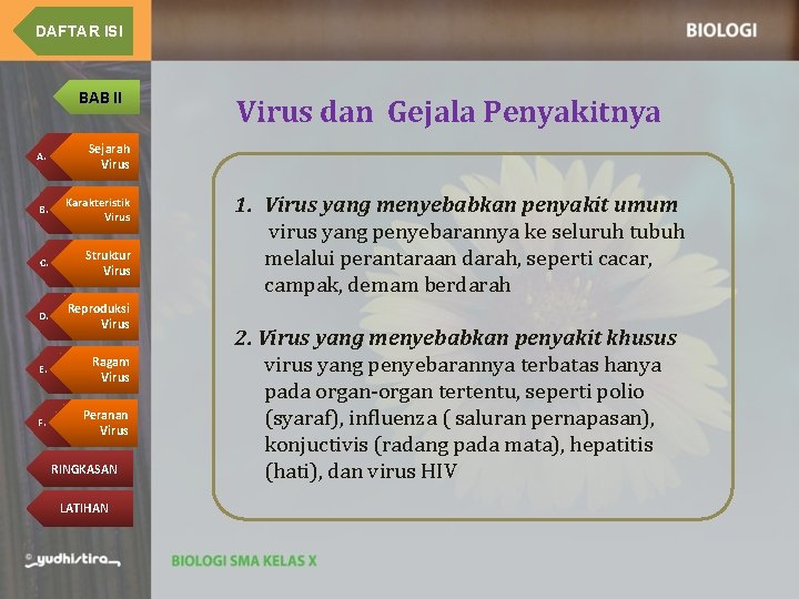 DAFTAR ISI BAB II A. Sejarah Virus B. Karakteristik Virus C. Struktur Virus D.