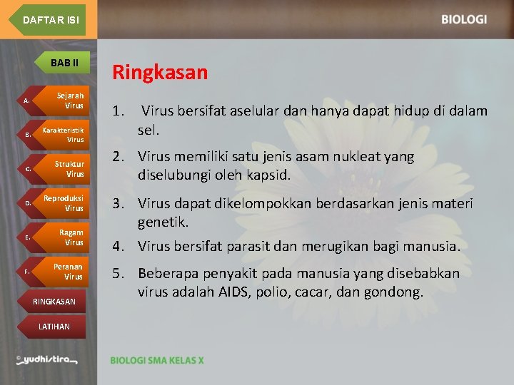 DAFTAR ISI BAB II A. Sejarah Virus B. Karakteristik Virus C. Struktur Virus D.