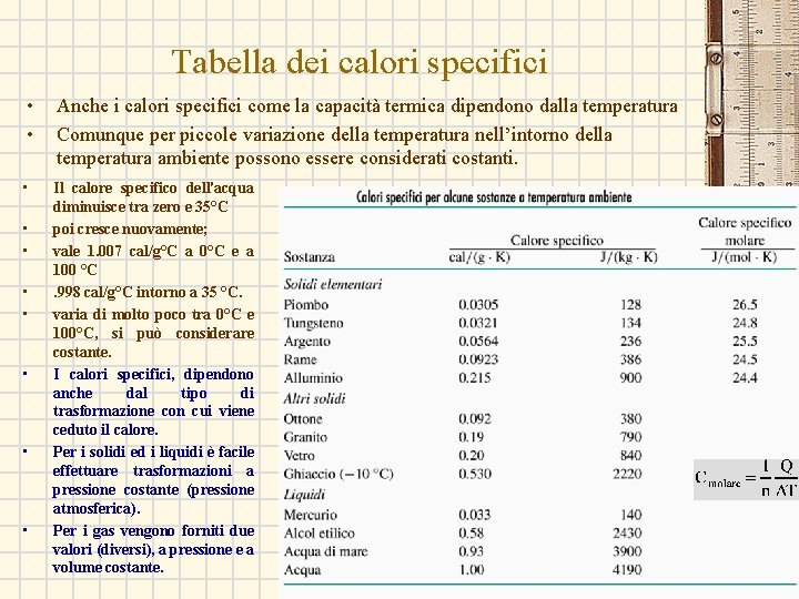 Tabella dei calori specifici • • Anche i calori specifici come la capacità termica