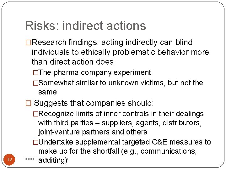 Risks: indirect actions �Research findings: acting indirectly can blind individuals to ethically problematic behavior