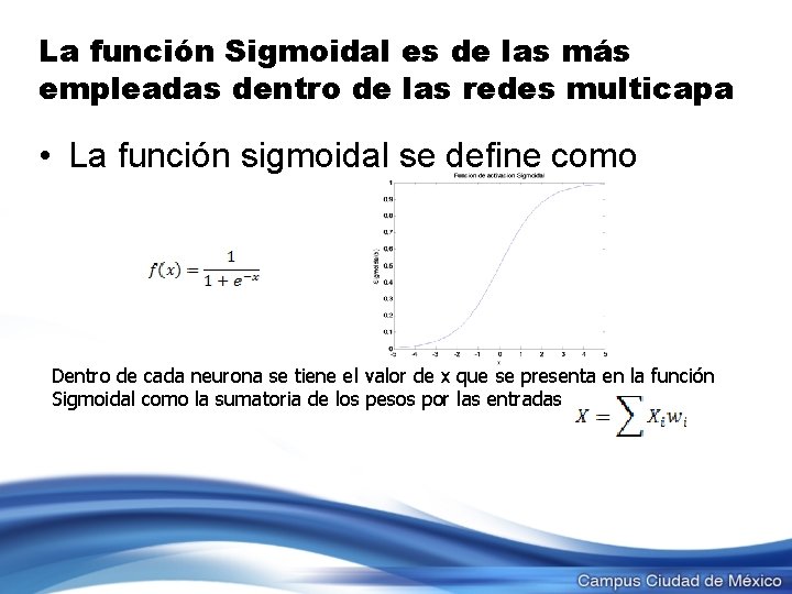 La función Sigmoidal es de las más empleadas dentro de las redes multicapa •