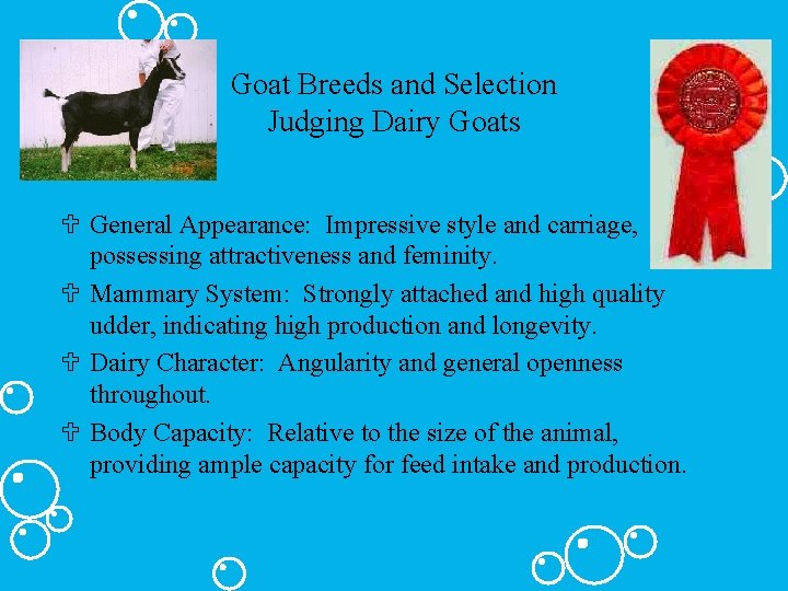 Goat Breeds and Selection Judging Dairy Goats U General Appearance: Impressive style and carriage,